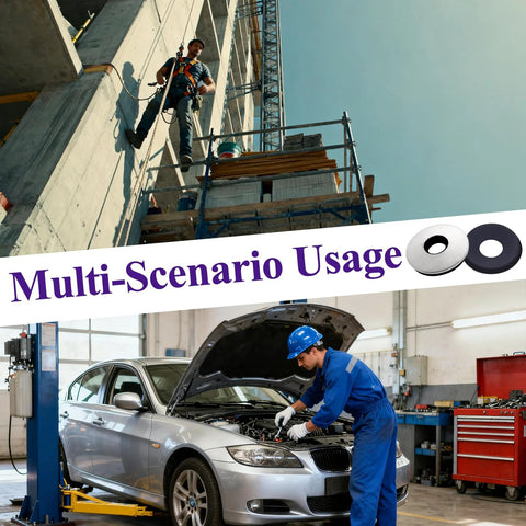 Bonded sealing washers for screws and bolts; banner shows multi-scenario usage with a construction worker on scaffold.