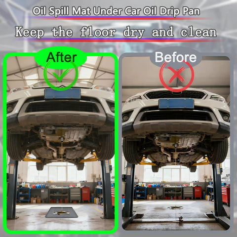 27 Inch By 27 Inch Silicone Drip Tray Mat With Raised Edge For Garage And Driveway Protects Floors From Oil Leaks shown under car lift