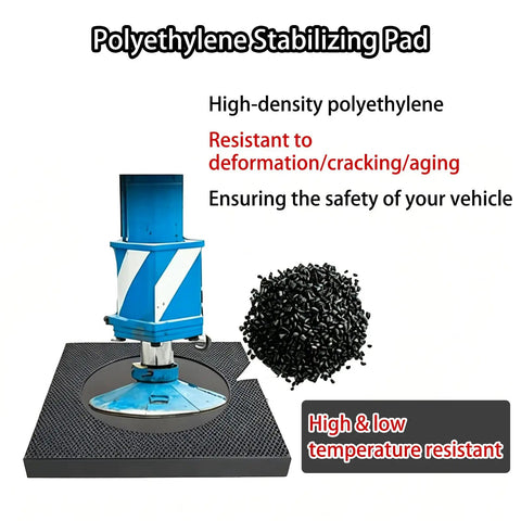 Ultra Tough Anti Sink Leveling Blocks Built Like A Tank Hdpe Jack Pads supporting a lift on a high-density polyethylene pad.
