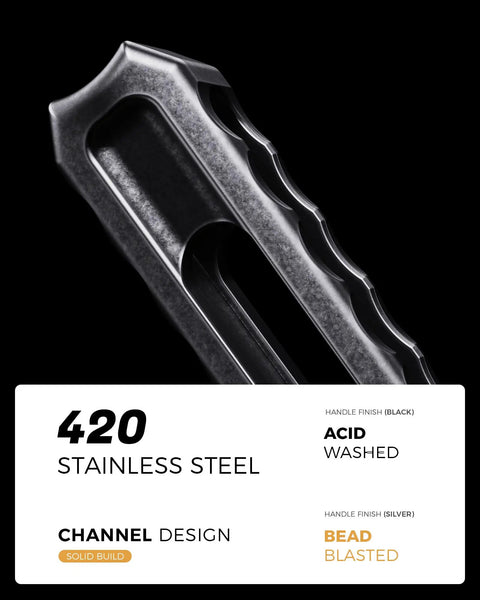 Close-up of 420 stainless steel handle of Canyon Balisong Trainer Butterfly Knife With Stainless Steel Handle And Blade Unsharpened For Pro Level Flipping Practice Blunt Edges Practical Training Tool