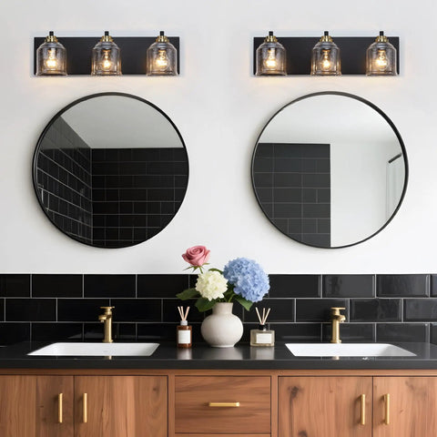 24 Inch Vanity Light With Black And Gold Finish, Three Light Over Mirror Bathroom Fixture With Clear Glass Shade, Modern Brushed Wall Sconce
