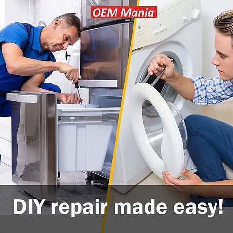 Two men performing DIY appliance repairs, one fixing a dishwasher and the other working on a washing machine door.