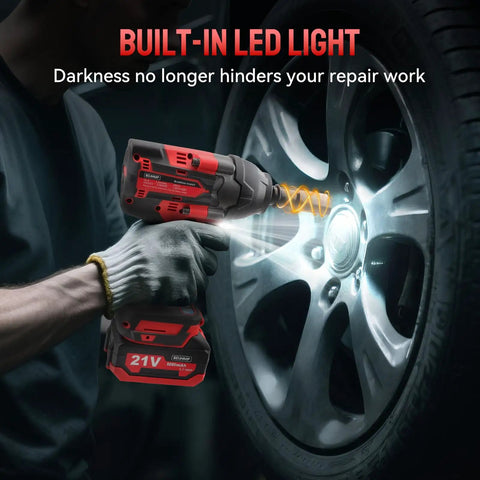 User operating Straight Up Tough As Nails Cordless Impact Wrench 1/2 Inch Square Drive with LED light on a vehicle wheel.