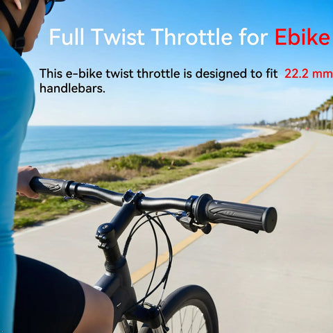 Cyclist gripping Full Twist Ebike Throttle Grip 12V To 72V With 3 Pin Waterproof Connector on 22.2mm handlebar, coastal path.