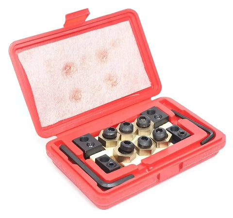 Built Tough CNC Eccentric Clamps Kit for Five Eighths Inch T-Slot, cam clamp system with copper studs displayed in red case