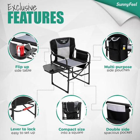 Heavy Duty Oversized Camping Directors Chair With Side Table And Built In Pocket For Beach And Fishing Trips, Picnics, Lawn Or Outdoor Concerts, Portable Foldable Camp Chair With Easy Carry And Anti Pinch Quick Lock showcasing features: side table, multi-purpose pockets, easy lock.