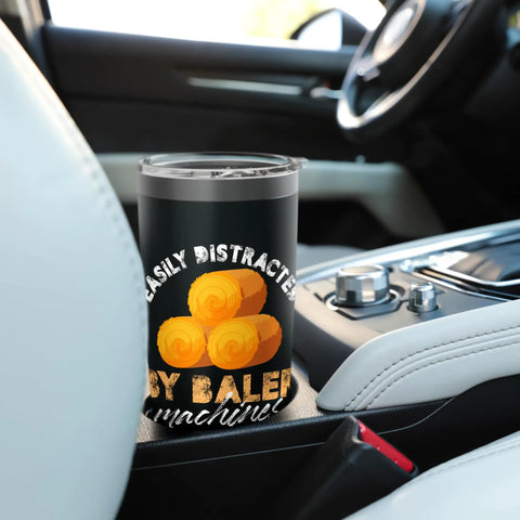 Easily Distracted By Baler Machines Insulated Stainless Steel Tumbler in car cup holder, black, leak-proof lid, farm use