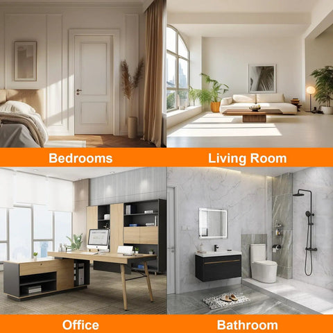 Collage of interior design styles for bedrooms, living room, office, and bathroom.