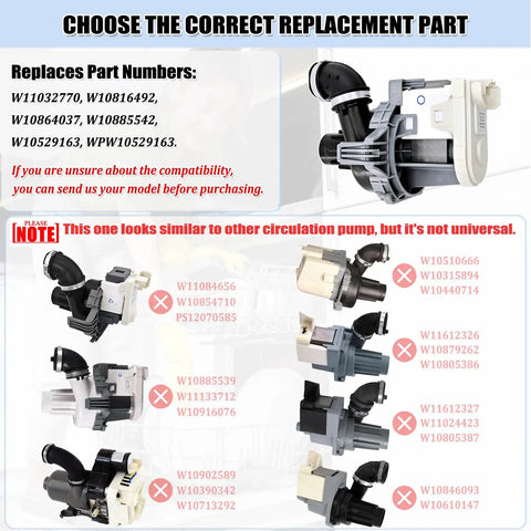 Dishwasher Circulation Pump Motor Assembly Replacement Parts Fits W10529163 W10885542 W10864037 W10816492 With Plug And Play Install And Reliable Performance For Most Models. pictured with compatible part numbers and pump angles