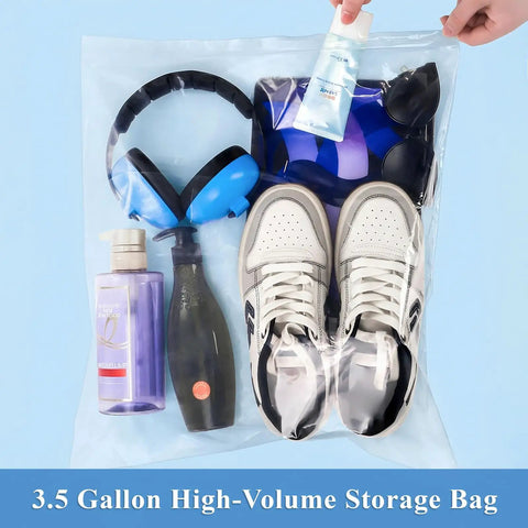Beefy Storage Solutions Featuring Eighty Count Extra Large Reclosable Plastic Bags Measuring 16 X 18 Inches With Crisp Clear Air Tight Zip Lock Seal For Food Clothes And Travel Gear, filled with sneakers and toiletries.