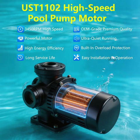Heavy Duty One Horsepower Swimming Pool Pump Motor Drop In Replacement For Hayward And Jacuzzi Pumps showing high-speed design with water.