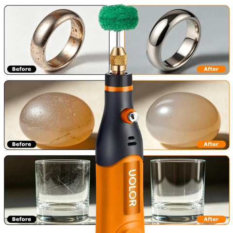 All In One Cordless Polishing Kit with 145 Piece Set polishing jewelry, stones, and glass showing before and after results