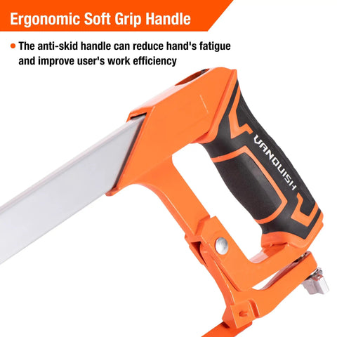 Frame Hack Saw With 12 Inch Blade For Gardeners And DIY Pros, Dual 45 And 90 Degree Angles, visible ergonomic soft grip handle