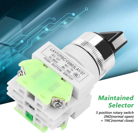 Hella Durable 3 Position Maintained Selector Switch For Industrial Builds Rock Solid Self Locking 2NO Plus 1NC Wiring Medium Low Voltage Electrical Rig Setup, showing rotary switch and terminal design.