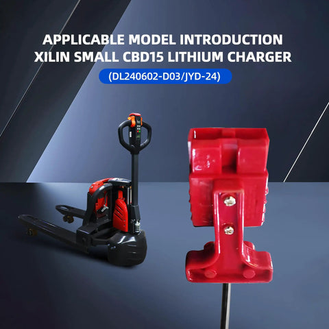 Heavy Hitter 29.4 Volt 6 Amp Forklift Battery Charger, red connector, for lithium charging, displayed with pallet truck.