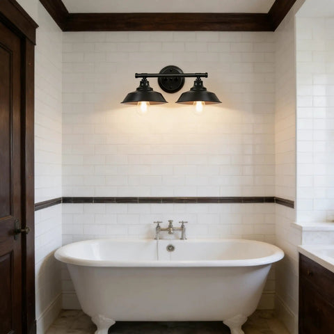 Farmhouse Bathroom Vanity Light 20 Inch Black 2 Light Over Mirror Fixture With Rustic Metal Shades above bathtub