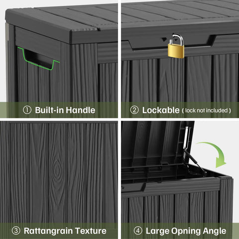Close-up of 90 Gallon Waterproof Deck Box With Lockable Lid showing built-in handle, lock, rattan texture, and open angle features.
