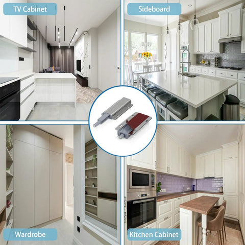 Sturdy Magnetic Push To Open Latch Brings Handle Free Cabinet Hardware With A Darn Slick Touch Release Designed For Kitchen Drawers Closets And Wardrobes Totally Bulletproof Two Pack Kit displayed in living room, kitchen, wardrobe and sideboard.
