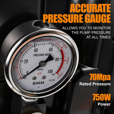 Close-up of accurate pressure gauge on Heavy Duty Electric Hydraulic Pump 10000 Psi Single Acting Solenoid Valve Dual Stage Flow Quick Fill 120V.