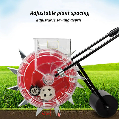 Manual Hand Push Seeder With Wheel For Easy Row Planting, stainless steel duckbill, showing adjustable depth on grass