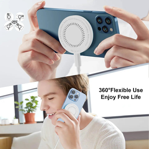 Person using Two Pack Magnetic Wireless Charger with 15W Fast Charge and Dual Ports for iPhone 12 through 17 series.