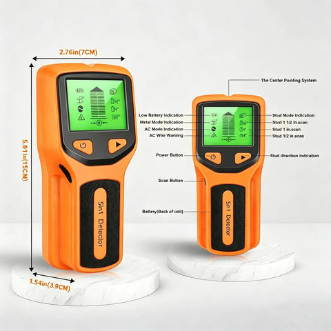 Zero Guesswork Dead Accurate Five In One Stud Finder Wall Scanner With Advanced Smart Chip And HD LCD Display showing detailed features and dimensions.