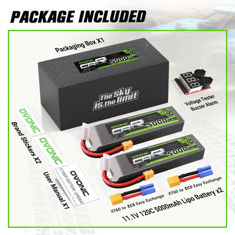 Package contents with 11.1V 5000mAh 3S LiPo Battery Pack With EC5 Plug, dual batteries, voltage checker, manual, and stickers