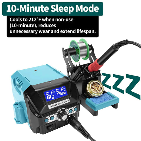 Pro Grade 110W Digital Soldering Station Kit With LCD Display And Sleep Mode showing sleep mode functionality graphic.