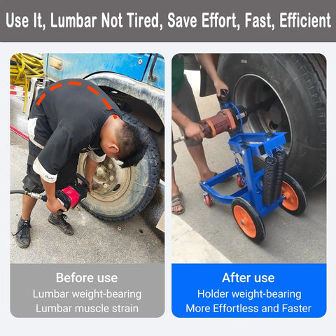 Image comparing before and after using Skip The Back Pain With This Smooth Rolling 1 Inch Air Impact Gun Holder Truck Tire Service Cart.
