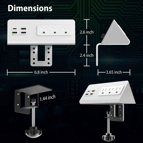 Dimensions of Edge Mount Power Strip With USB-C Ports And 4 Fast-Charging USB Ports, Desk Clamp Surge Protector