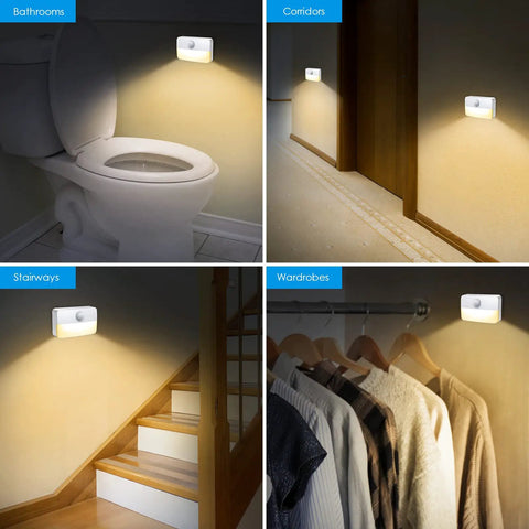4 Pack Mini Motion Sensor Stair Lights Battery Powered Cordless LED Night Lights illuminating bathroom, corridor, stairs, wardrobe