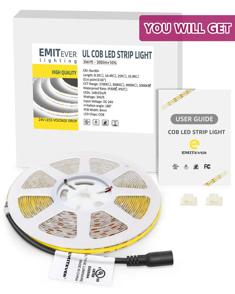 Package of Cob LED Strip Lights Dope Cool White 32.8ft 5000K Ra 90 Plus High Density Tape Light with user guide and accessories