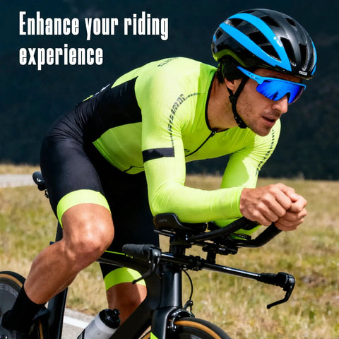 Cyclist using Adjustable Wingspan Extender For Aero Bars And Triathlon Handlebar Systems Aluminum Construction on road bike.