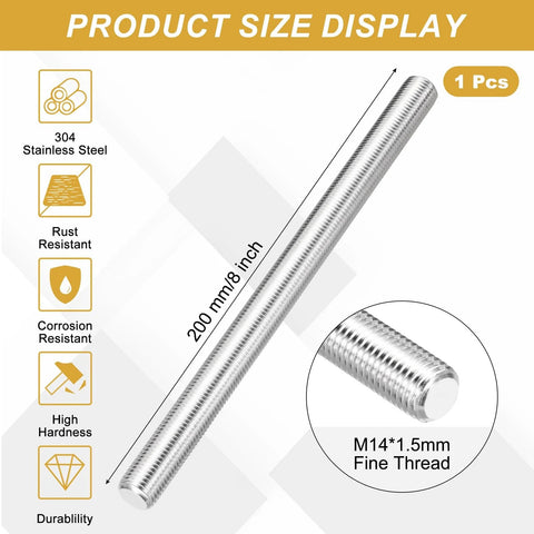 Side view of a 200 mm M14 x 1.5 mm stainless steel threaded rod with fine right-hand threads