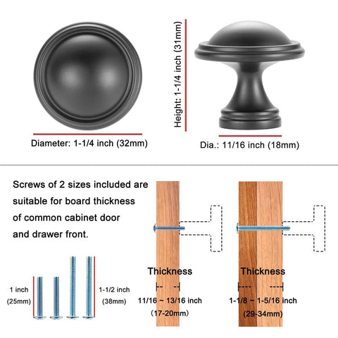 Diagram showing Ten Pack One And One Quarter Inch Antique Brass Kitchen Cabinet Knobs For Cabinets Drawers Dresser Cupboard Bedroom And Bathroom Hardware Real Solid Metal Vintage Brass Knob Set With Classic Look Built To Last with dimensions and screw sizes.