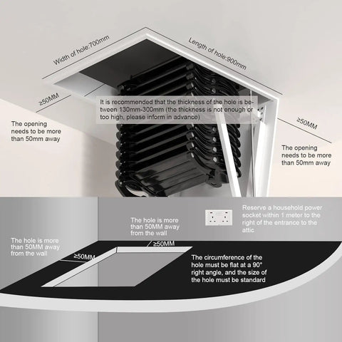 Rock Solid Electric Attic Ladder With Remote Controlled Folding Pull Down Loft Stairs Built Tough From Scratch Resistant Titanium Magnesium Alloy installation dimensions.