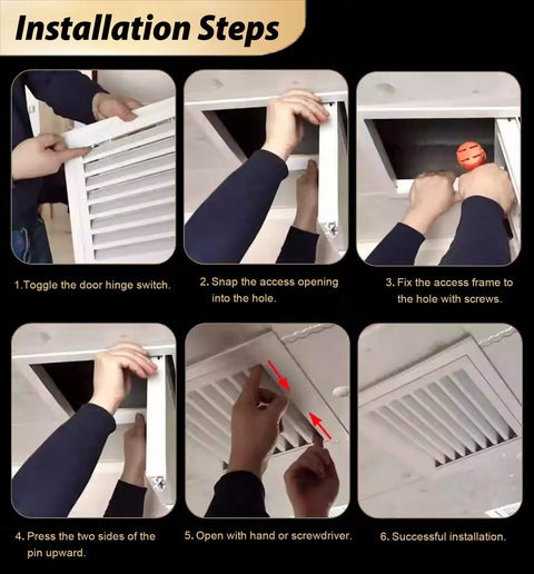 Installation steps for Rock Solid Performance With 36 By 42 Inch Three Forty Stainless Steel Vented Access Panel Hinged Drywall Inspection Door.