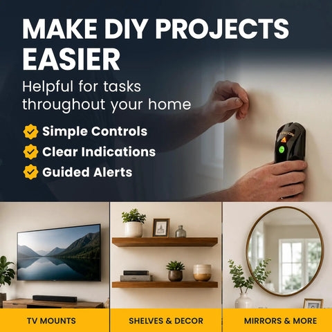 Person using Easy Peasy Electronic Stud Finder For Wood And Metal Walls With Sharp Drywall Edge Detection No Sweat Wall Scanner Tool.