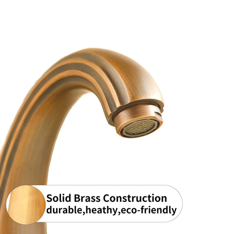 Antique Brass Two-Handle Three-Hole Bathroom Sink Faucet With Drip-Free Solid Brass Construction spout detail