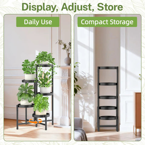 Premium 5 Tier Metal Corner Plant Stand For Indoor Outdoor Use, Adjustable Space Saving Corner Shelf, Quick Tool Free Assembly, Modern Black Finish, featuring plants in a stylish living room.