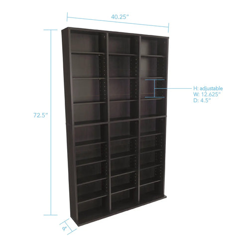Heavy Duty Espresso Media Storage Cabinet With Deep Slots For CD DVD And Video Games; 40.25" W x 72.5" H MDF design.