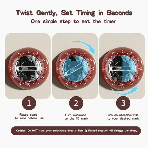 Guide showing how to set the 60 Minute Magnetic Timer For Fridge Magnet And Kitchen Use using simple steps, red design.