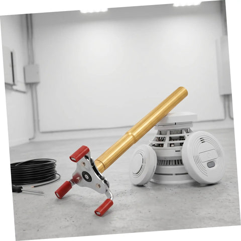Ladder Free Smoke Sensor Removal Tool With 11 Point Eight Inch Extended Reach Stick next to a smoke detector in a modern setting.
