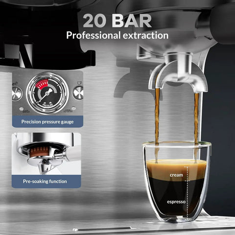 Get That Cafe Grade Sling At Home With This Reliable 20 Bar Semi Automatic Espresso Machine Featuring A Built In Grinder And Massive 2 8 Liter Tank For Zero Hassle Lattes And Cappuccinos Daily showing espresso extraction with pressure gauge.