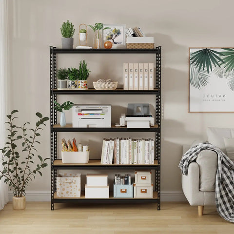 Heavy Duty Five Tier Metal Storage Rack With Ultra High Load Capacity 3850 Lbs for Garage Workshop shown with decor and books