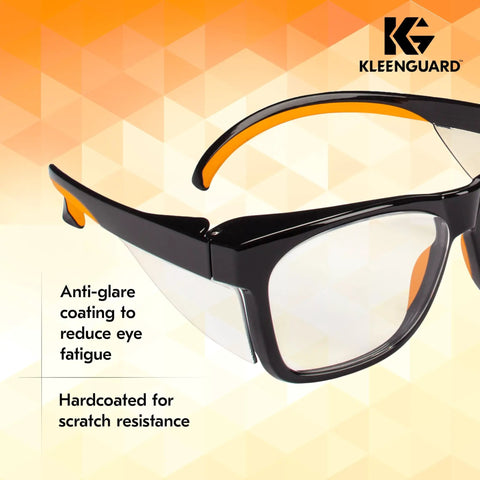 Close-up of Maverick Eye Protection Glasses With Clear Anti Glare Lenses, Black Frame And Orange Tips, ANSI Z87.1 Certified