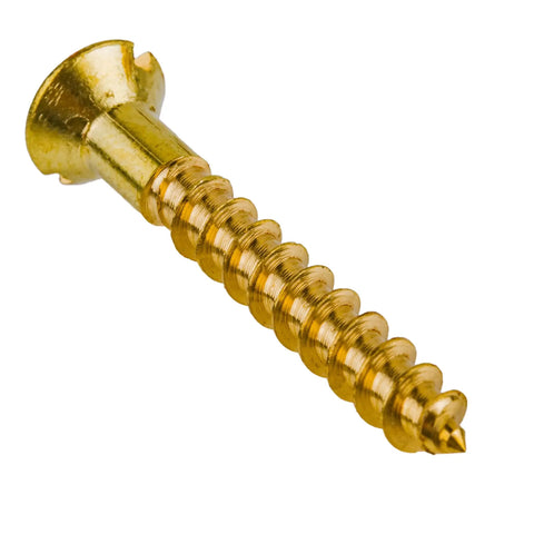 Top Tier Solid Brass Wood Screws Size 5 By Five Eighth Inches Featuring Oval Countersunk Head And Standard Slotted Drive Self Tapping Fasteners Pack Of Twenty Five close-up view of a brass wood screw.