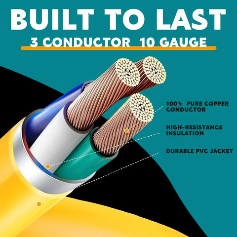 Gotta Charge Both Ride And Rig With This 30 Amp Dryer Y Splitter shows 3 conductor 10 gauge wire with durable PVC jacket and insulation.