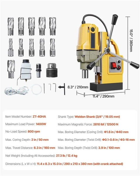 Heavy Duty Portable Magnetic Drill Press For Metal with accessories and specifications displayed, 1400W power, and solid base.