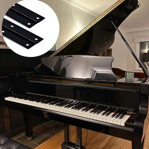 Black Stainless Steel Piano Hinge 48 Inch Long With 2 Inch Open Width Beefy Heavy Duty Continuous Hinge For Cabinets Doors And DIY Wood Boxes Includes Screws next to a grand piano.